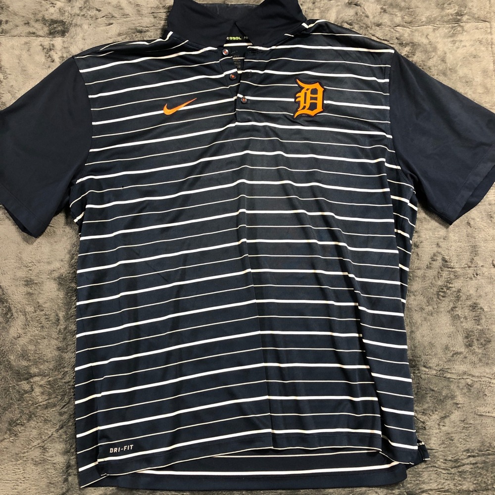 Nike Detroit Tigers MLB Dri-FIT Striped Polo‎ Shirt Mens Navy Blue White Large